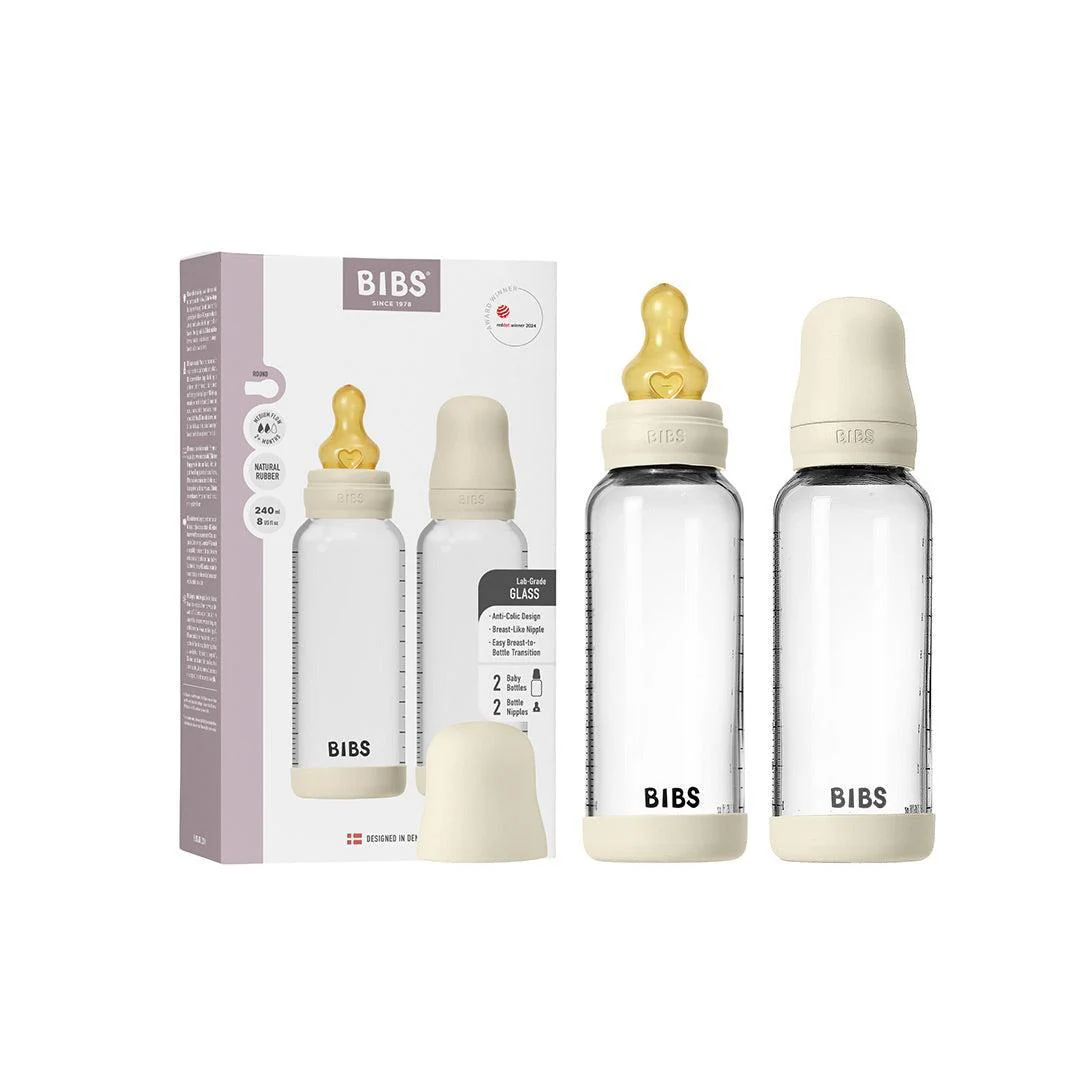 BIBS 2 Pack Medium Flow Glass Baby Bottle Round Latex - 240ml - Ivory - Image 2