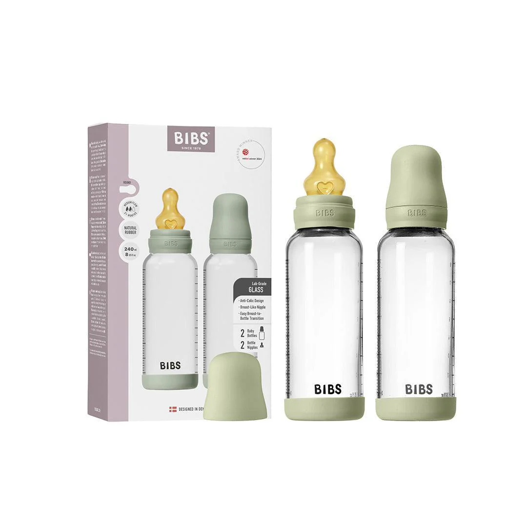BIBS 2 Pack Medium Flow Glass Baby Bottle Round Latex - 240ml - Sage - Image 2