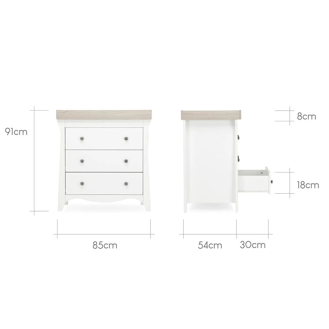 CuddleCo Clara 2 Piece Set 3-Drawer Dresser + Cot Bed - White/Ash - Image 15