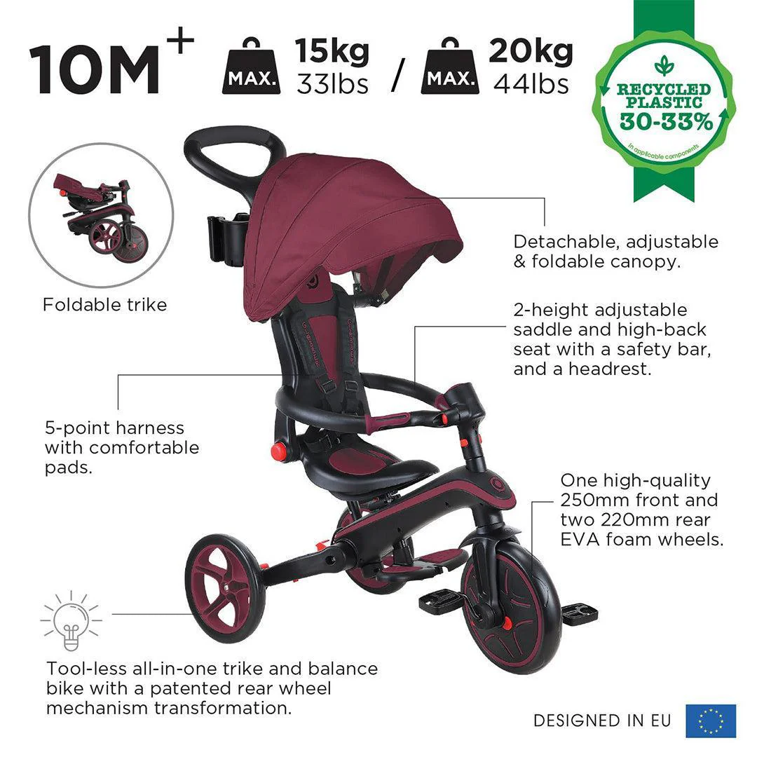 Globber Explorer Trike Foldable 4 in 1 - Burgundy - Image 3