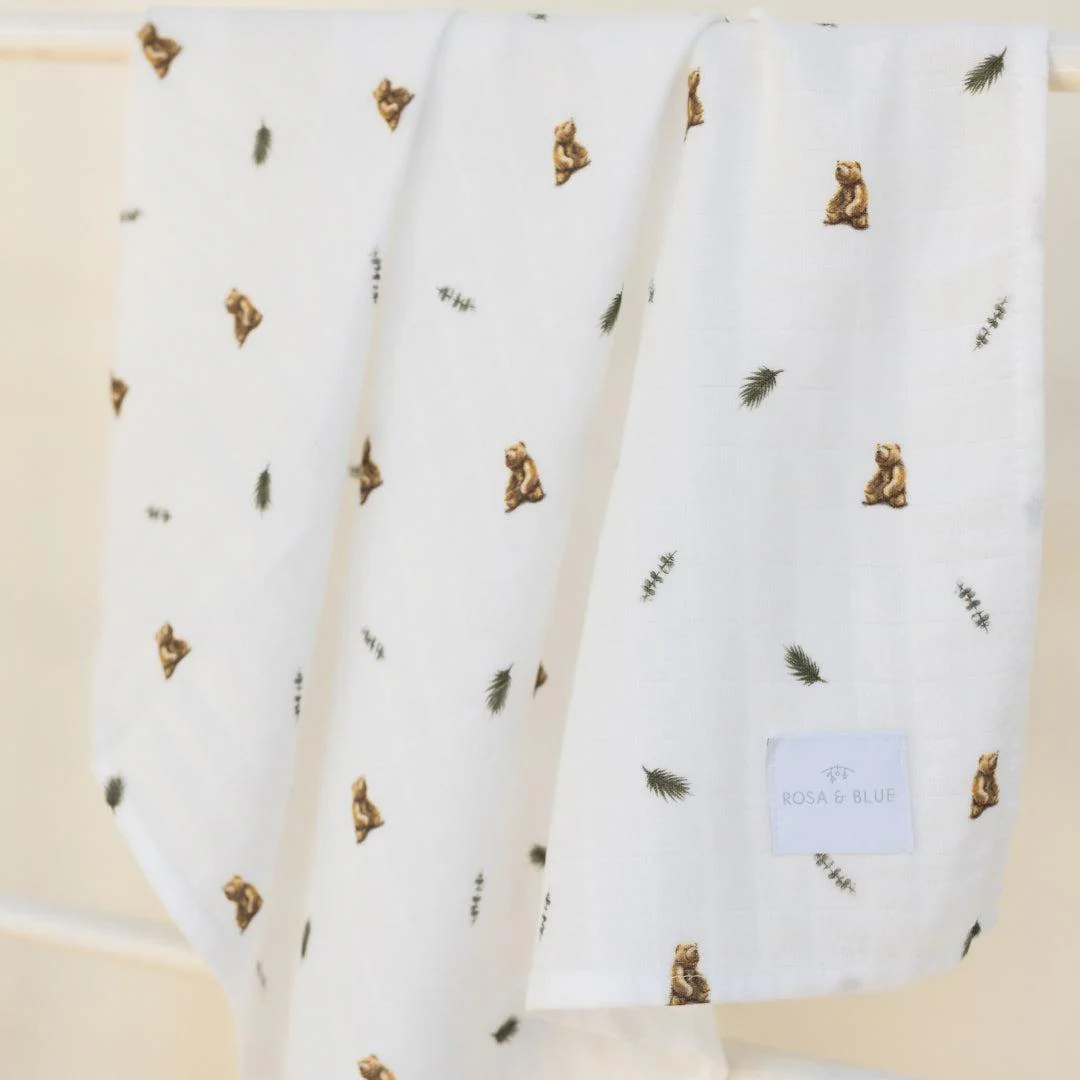Rosa & Blue Muslin Squares - Brown Bear - 3 Pack - Image 2
